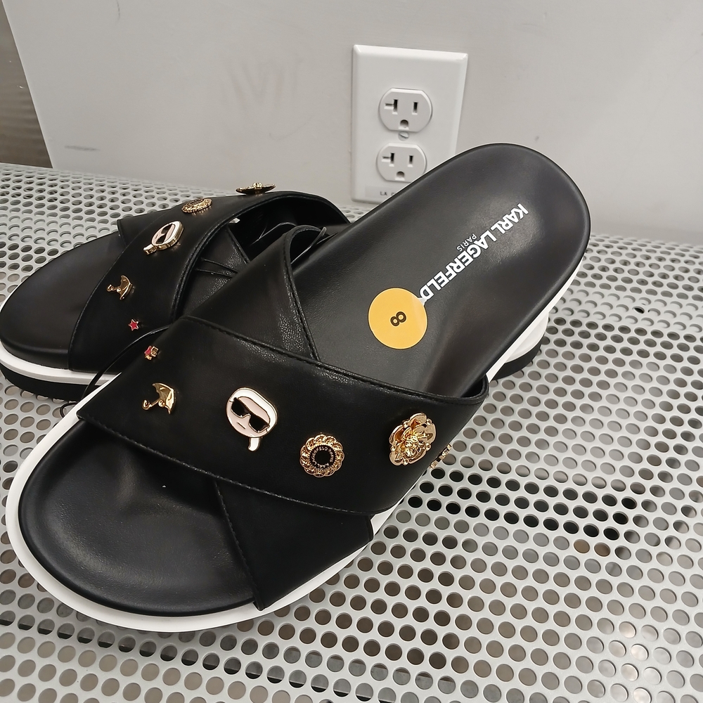 Karl Lagerfeld Black Slide Sandals with Gold Accents